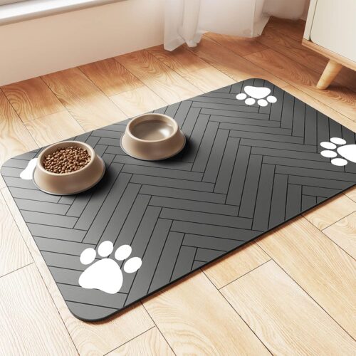 Pet Feeding Mat-Absorbent Pet Placemat for Food and Water Bowl, with Waterproof Rubber Backing, Quick Dry Water Dispenser Mat for Dog and Cat (20″x12″, Striped Dark Gray)