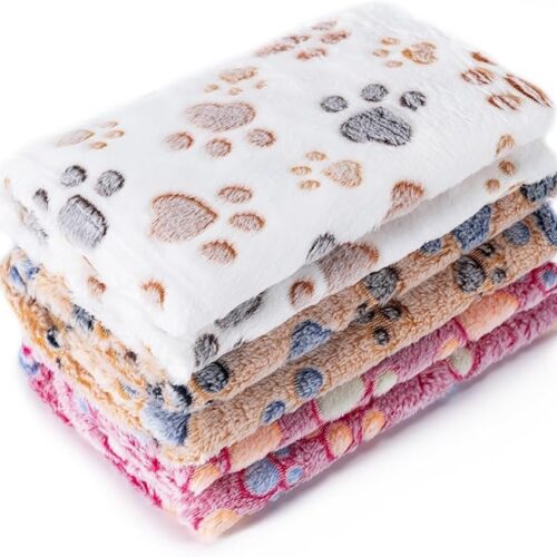 1 Pack 3 Blankets Super Soft Fluffy Premium Fleece Pet Blanket Flannel Paw Printed Throw for Dog Puppy Cat (Small 23×16”, Brown, Pink, White)