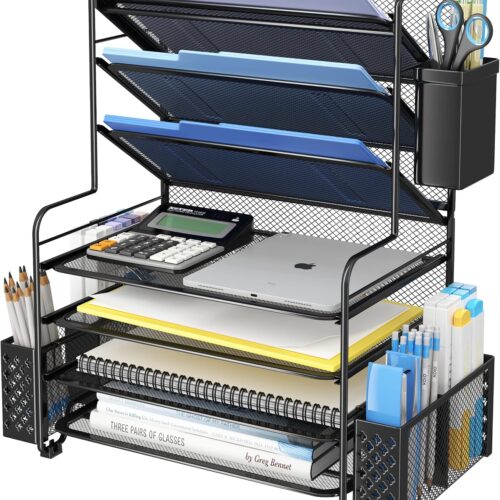 Simple Trending 7 Tier Desk File Organizer, Letter Tray Paper Organizer with Pen Holder and Metal Hanging Basket, Black