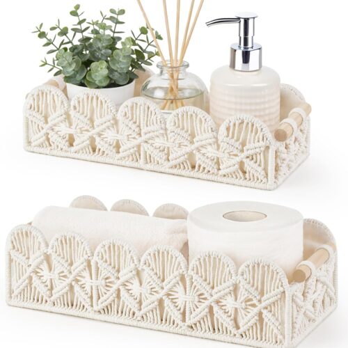 Mkono Macrame Storage Basket, Scalloped Edge Toilet Paper Basket Boho Woven Decor, Small Countertop Organizer with Handles for Shelf, Living Room, Bedroom, Home,Office, Set of 2, Ivory