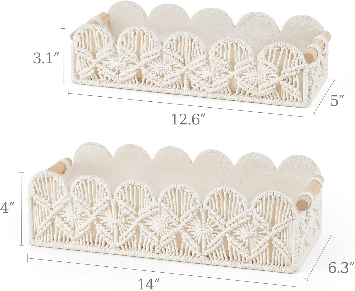 Mkono Macrame Storage Basket, Scalloped Edge Toilet Paper Basket Boho Woven Decor, Small Countertop Organizer with Handles for Shelf, Living Room, Bedroom, Home,Office, Set of 2, Ivory - Image 2