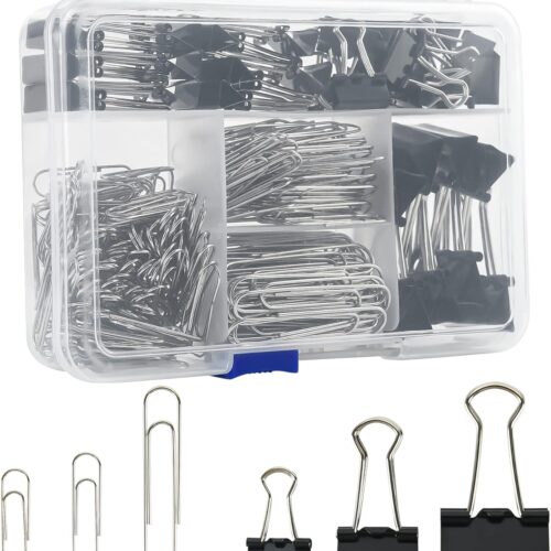 Assorted Size Binder Clips & Jumbo Paper Clips Set – 340pcs Black, Large for Office & School Supplies, in Container with Compartments